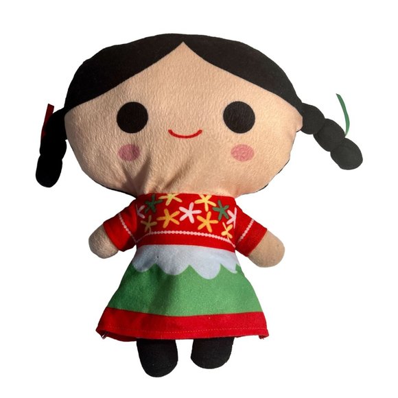 Mexico Lindo Plush Doll Cati Red Green Dress 11" tall Stuffed Animal Christmas - Picture 1 of 3